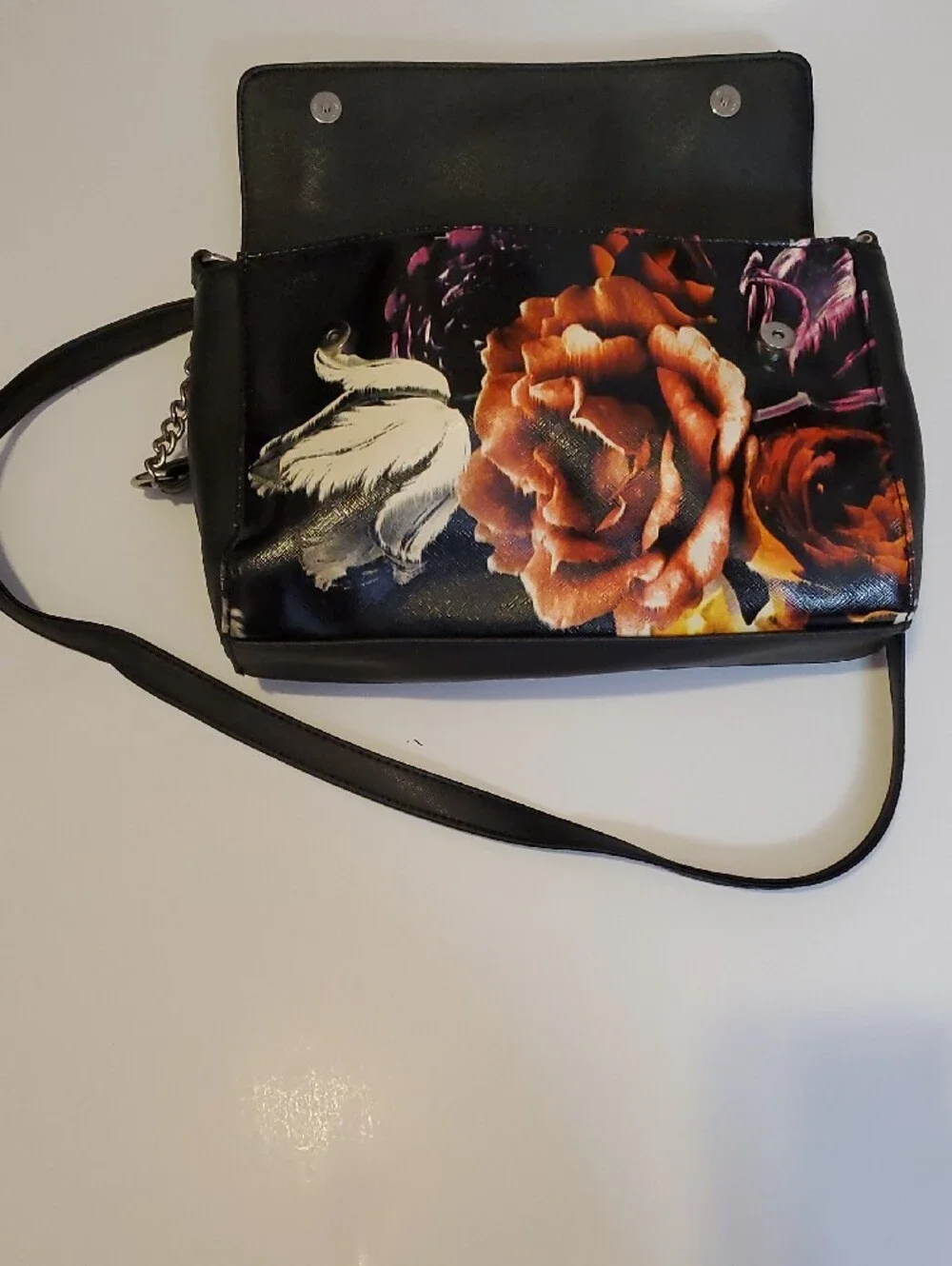 Nine West Black Floral Crossbody Bag with Orange Rose Accent